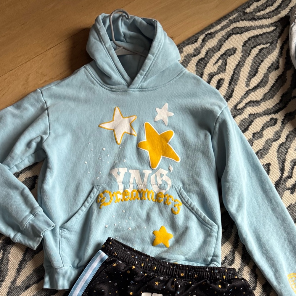Overtime collab with YNG dreamerz.   Blue Kids Hoodie with Yellow Stars